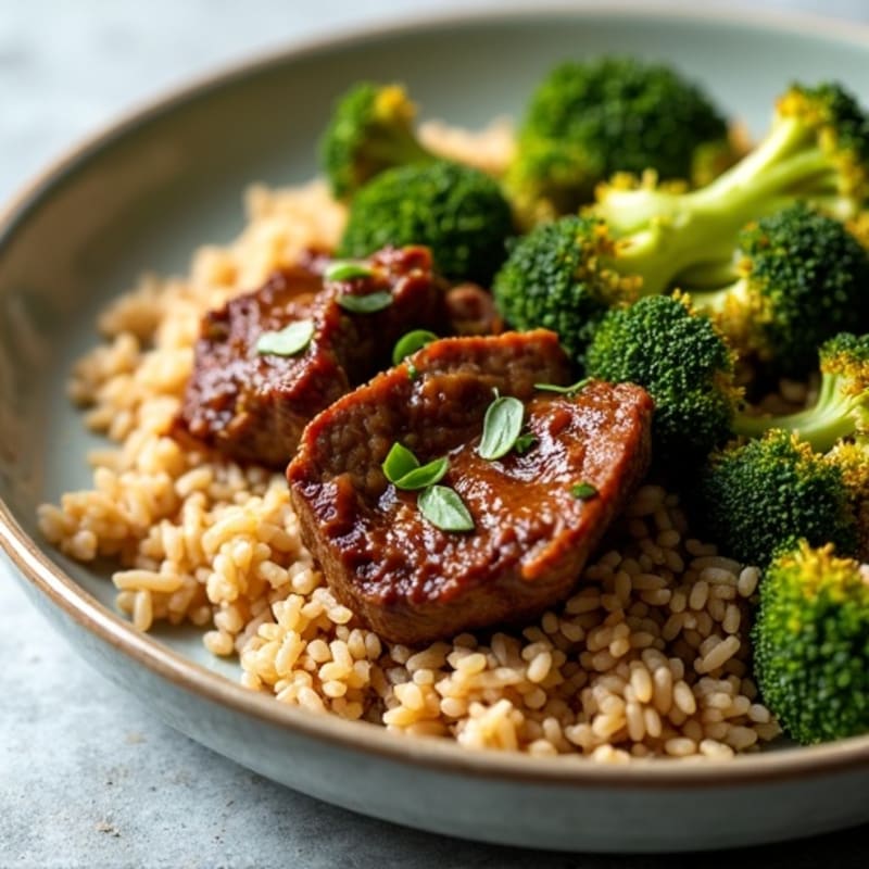Garlic Ginger Lean Beef with Crispy Broccoli and Brown Rice