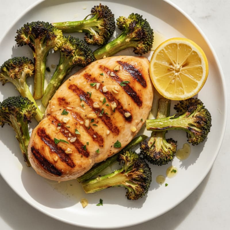 Grilled Chicken Breast with Roasted Broccoli and Lemon