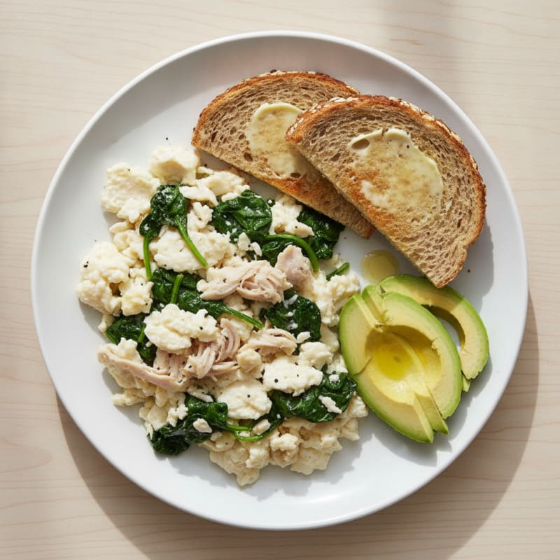Scrambled Egg Whites with Roasted Turkey Breast and Sautéed Spinach
