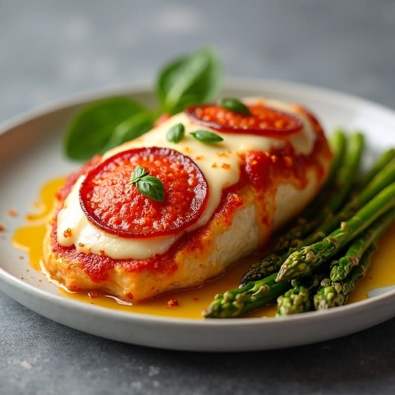 Melty Pepperoni Pizza Stuffed Chicken Breast with Crispy Roasted Asparagus