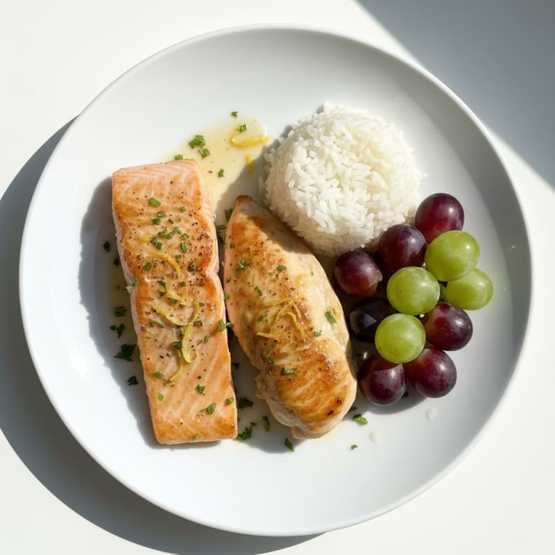 Seared Salmon with Steamed Rice and Grapes