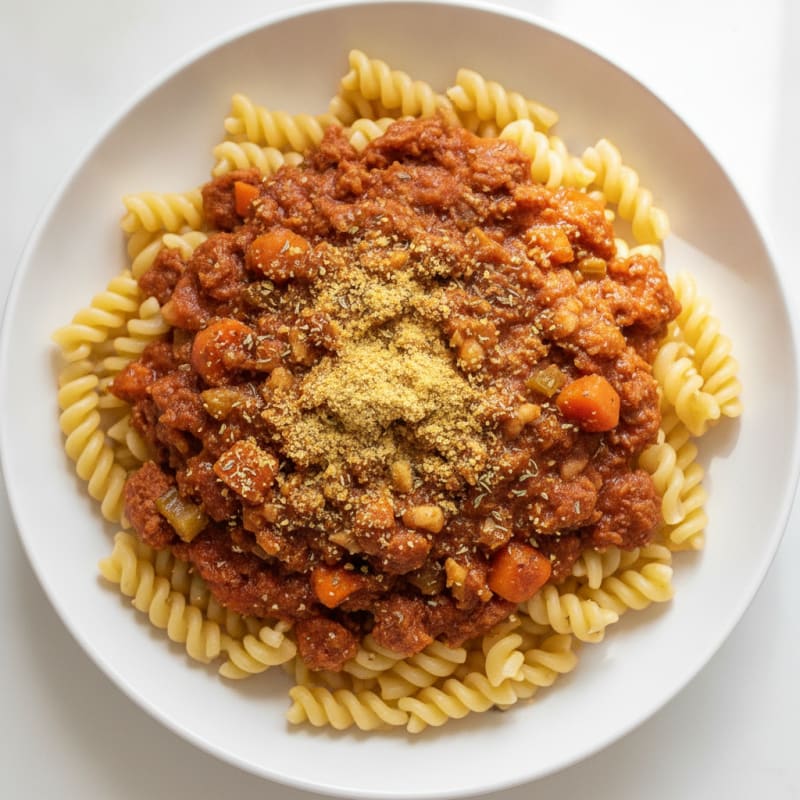 Hearty TVP Bolognese with Chickpea Pasta