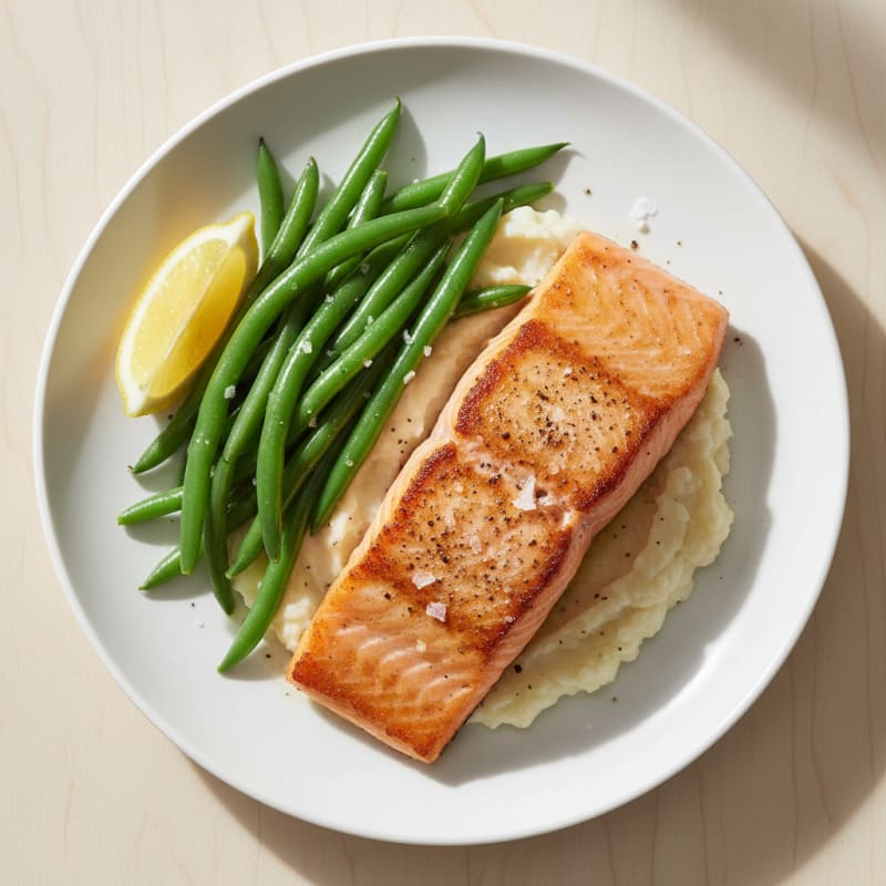 Seared Salmon with Steamed Green Beans and Cauliflower Mash