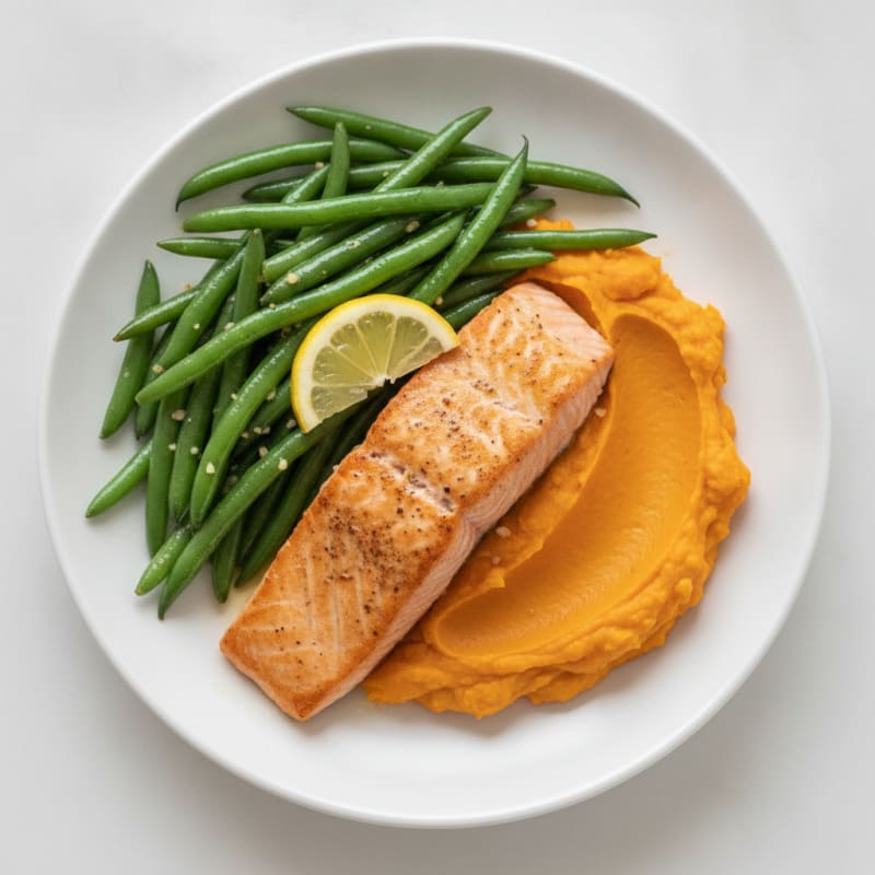 Seared Salmon with Garlic Green Beans and Sweet Potato Mash