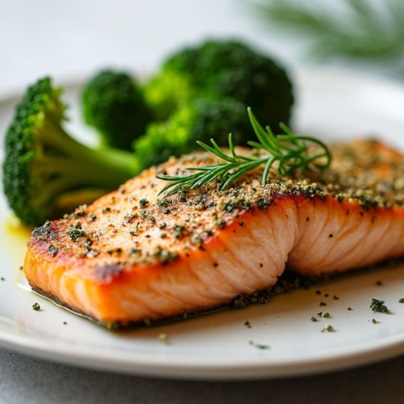 Herb-Crusted Pan Seared Salmon with Roasted Broccoli