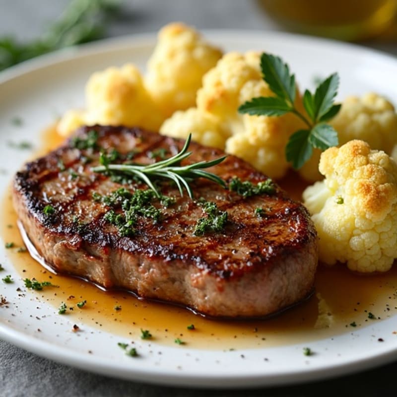 Herb-Crusted Pan-Seared Steak with Roasted Garlic Cauliflower
