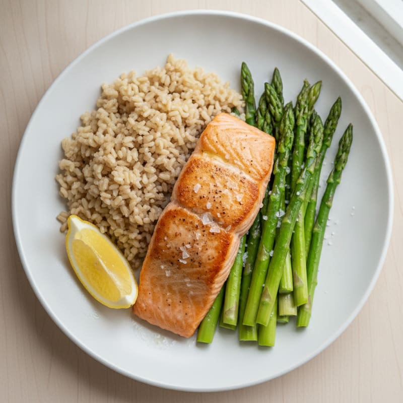 Seared Salmon with Steamed Asparagus and Brown Rice