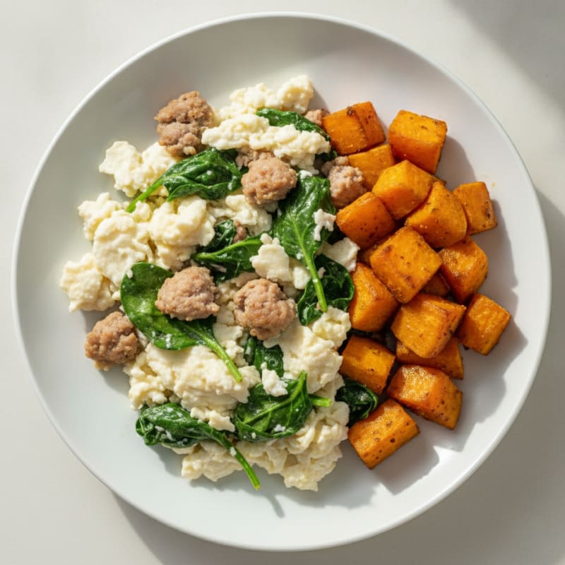 Egg White and Turkey Sausage Scramble with Spinach and Roasted Sweet Potatoes
