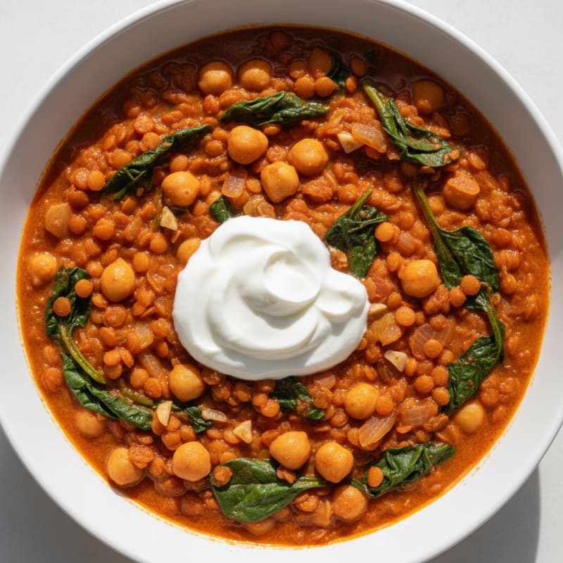 Creamy Lentil and Chickpea Stew with Spinach