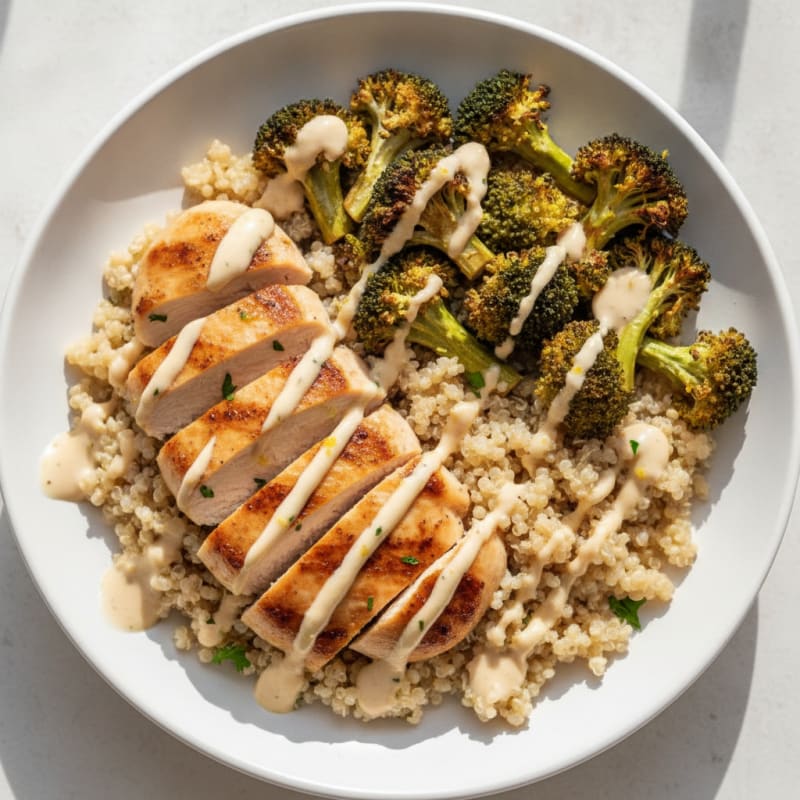 Grilled Chicken and Quinoa Bowl with Roasted Broccoli and Lemon Tahini Drizzle
