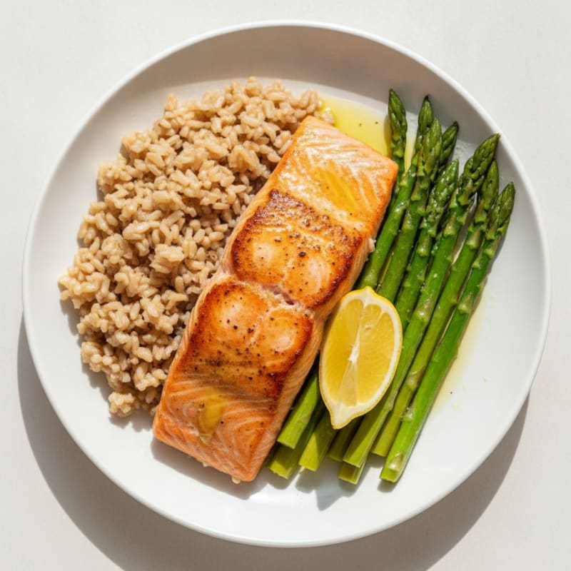 Seared Salmon with Steamed Asparagus and Brown Rice