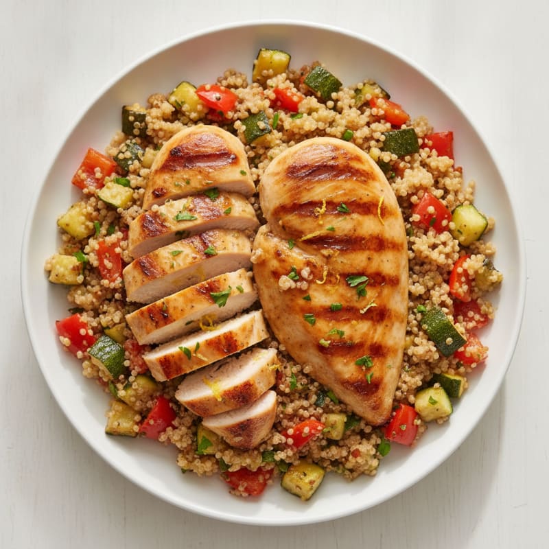 Grilled Lemon-Garlic Chicken Breast with Roasted Vegetable Quinoa