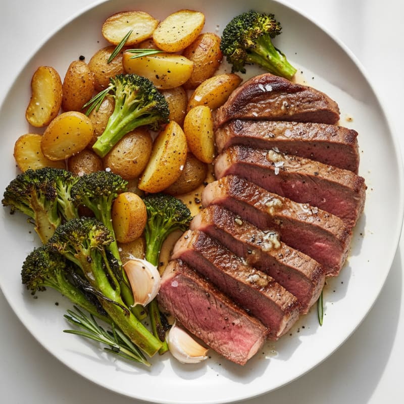 Garlic Herb Steak with Roasted Broccoli and Potatoes