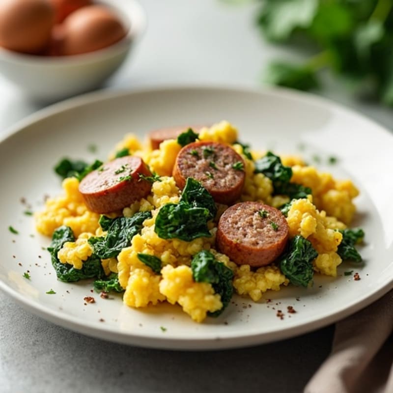 Egg White and Turkey Sausage Scramble with Sautéed Spinach