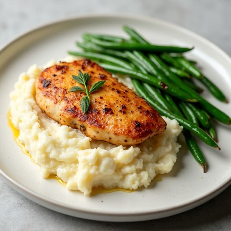 Pan-Seared Chicken with Creamy Buttery Garlic Mashed Potatoes and Crispy Roasted Green Beans