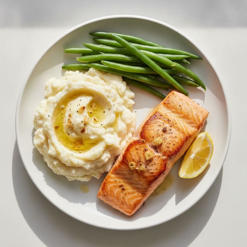Seared Salmon with Steamed Green Beans and Garlic Mashed Potatoes