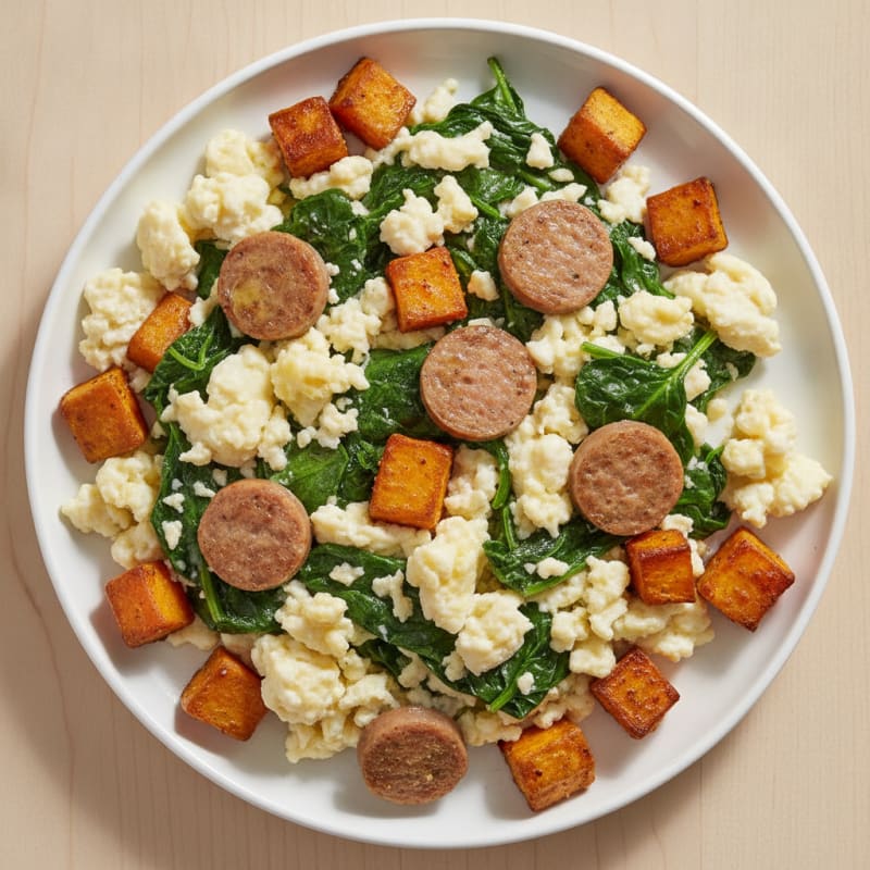 Egg White Spinach Scramble with Turkey Sausage and Roasted Sweet Potato