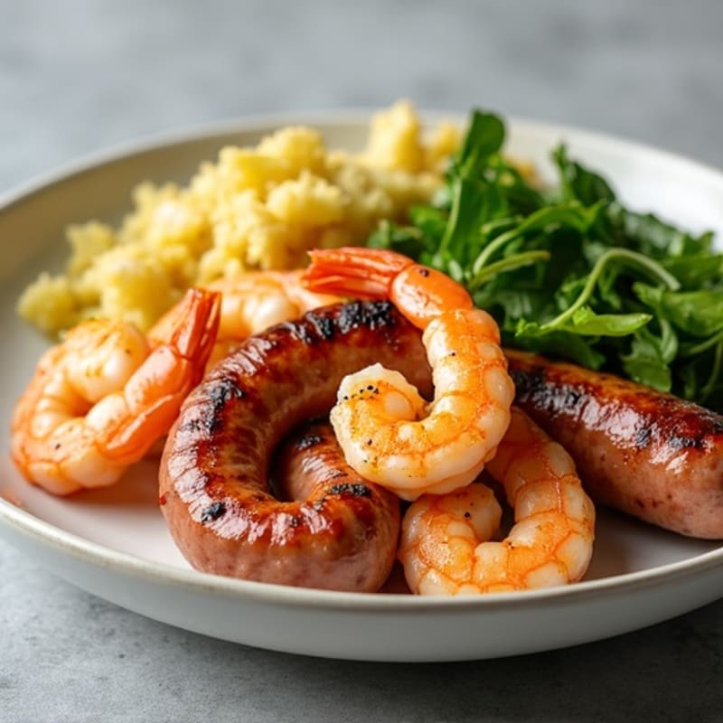 Sautéed Shrimp and Sausage with Crispy Cabbage