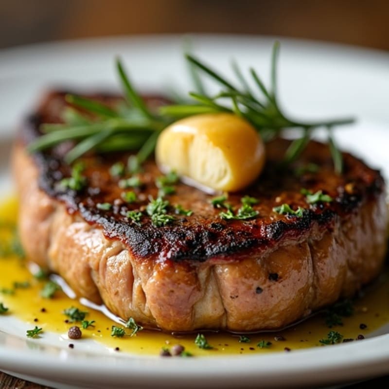 Herb-Crusted Pan Seared Steak with Roasted Garlic