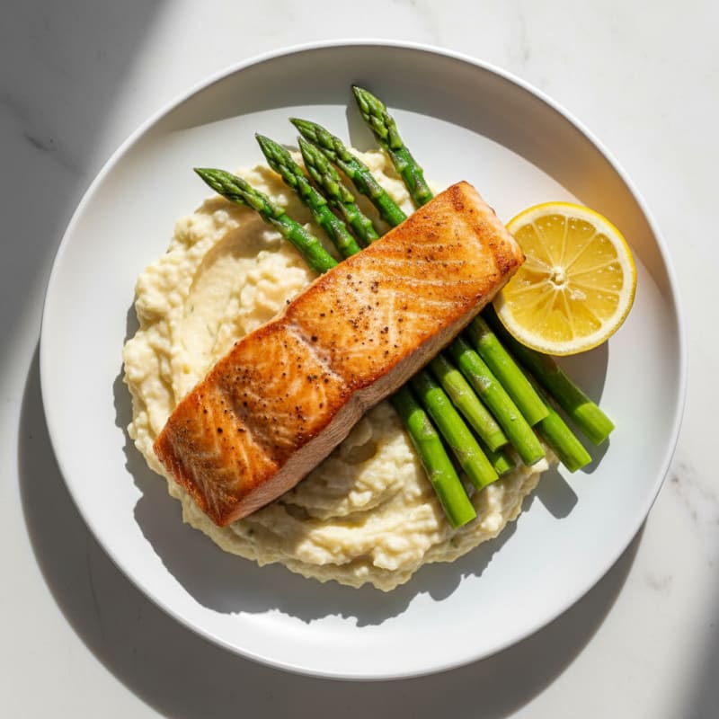 Seared Salmon Fillet with Creamy Garlic Cauliflower Mash and Steamed Asparagus