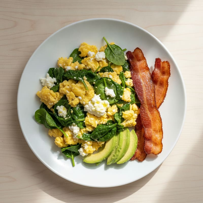 Cottage Cheese Scramble with Spinach and Turkey Bacon