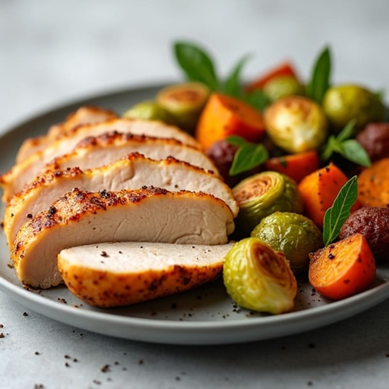 Rotisserie Chicken with Crispy Roasted Brussels Sprouts and Sweet Potatoes