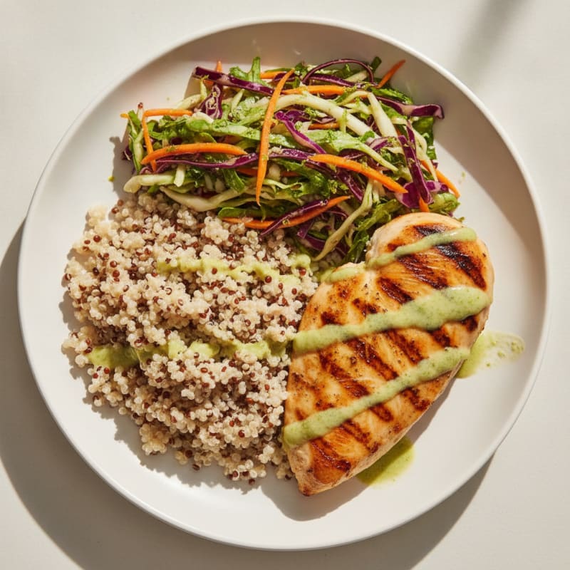 Grilled Chicken Breast with Crunchy Cabbage Slaw and Quinoa