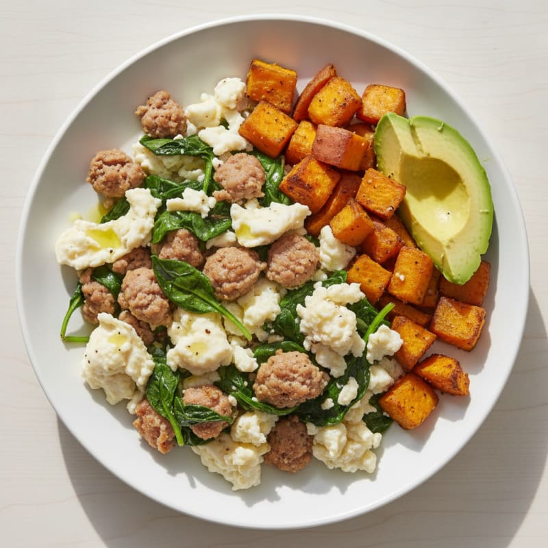Egg White and Turkey Sausage Scramble with Sautéed Spinach