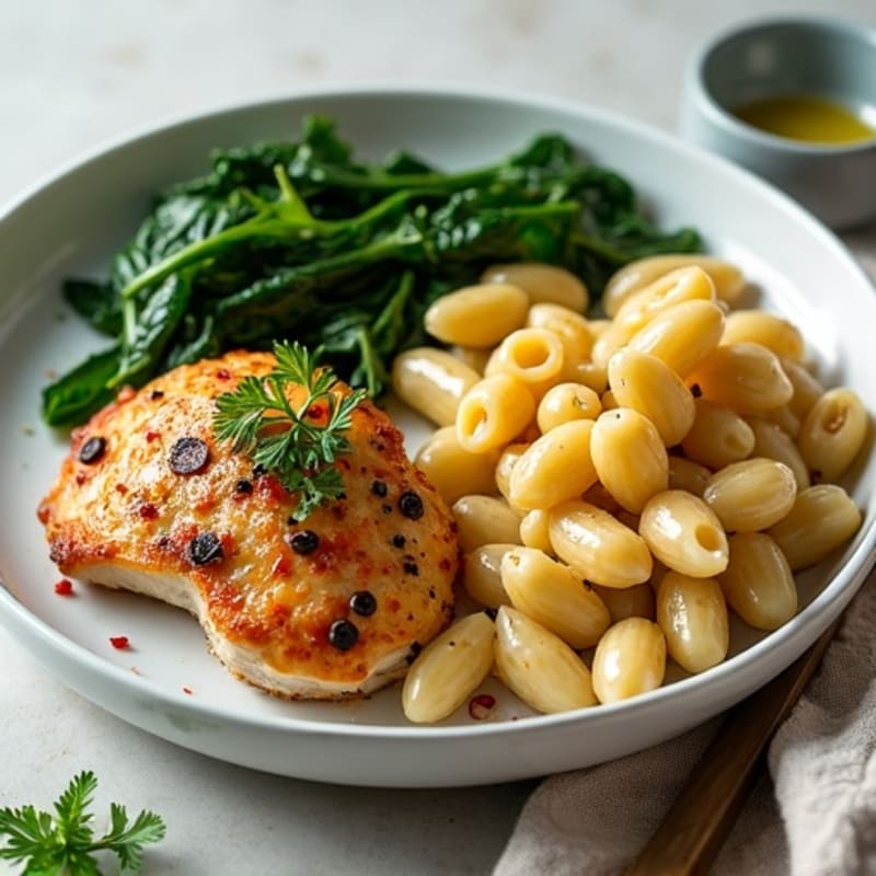 Spicy Garlic-Herb Chicken with Creamy Pasta and Sautéed Greens