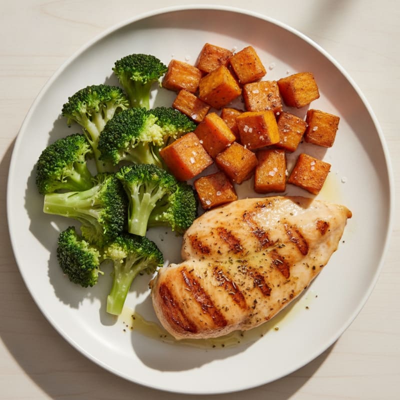 Grilled Chicken Breast with Roasted Sweet Potato and Steamed Broccoli
