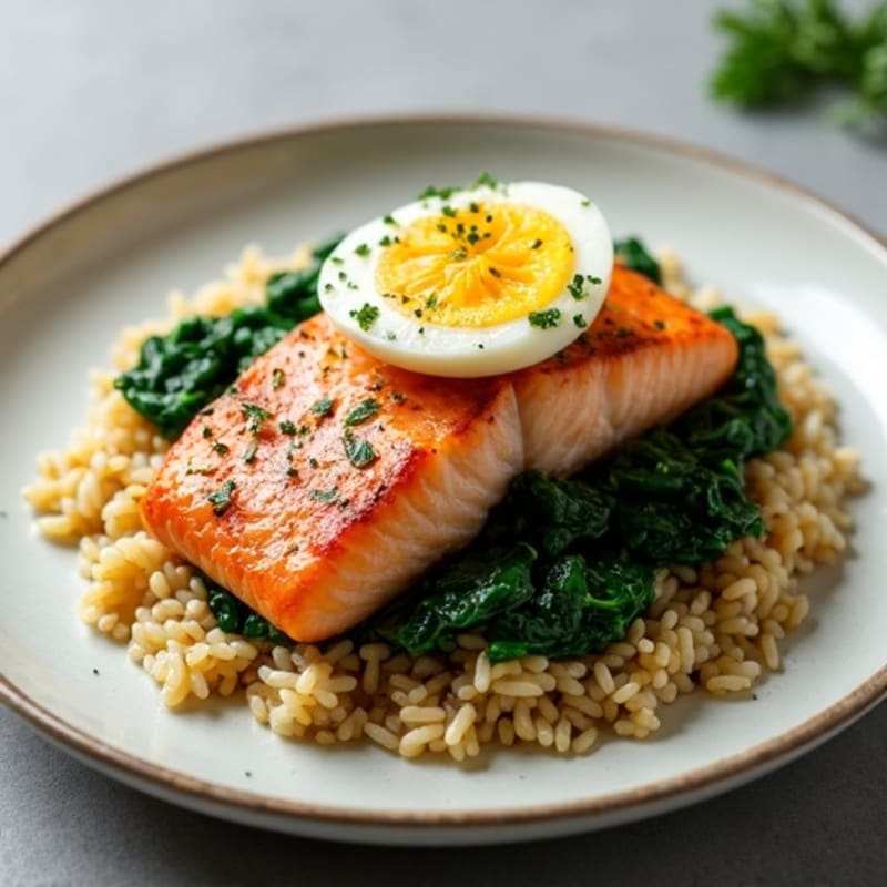 Seared Salmon Fillet with Garlic Spinach and Brown Rice Pilaf