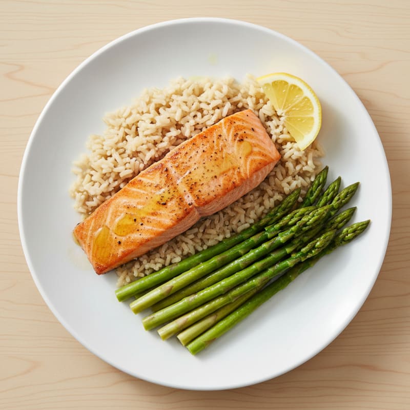 Seared Salmon Fillet with Steamed Asparagus and Brown Rice