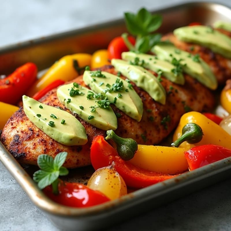 Sheet Pan Smoky Chipotle Chicken with Roasted Peppers and Onions and Creamy Avocado Drizzle