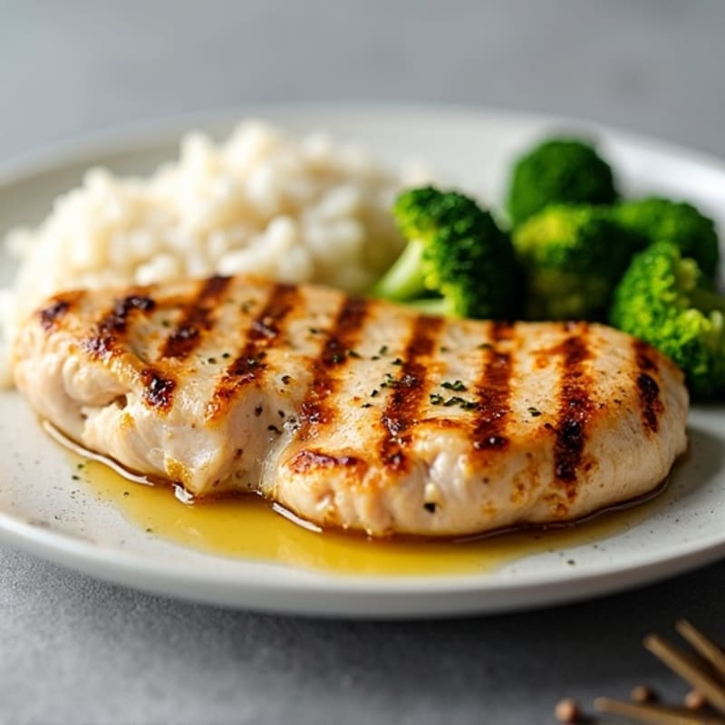 Grilled Chicken Breast with Steamed Broccoli and Rice