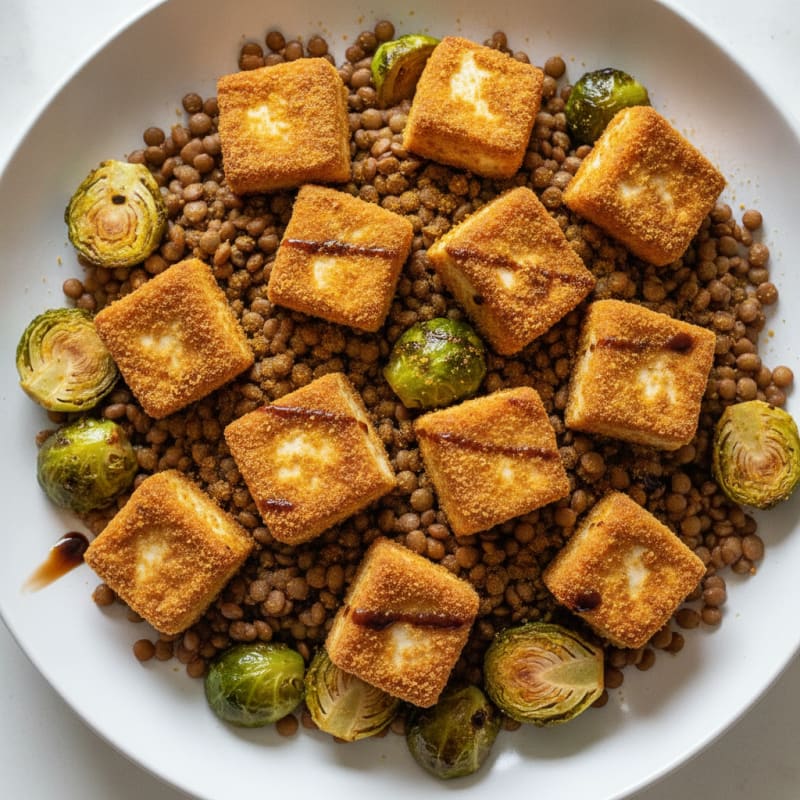 Crispy Baked Tofu with Lentils and Roasted Brussels Sprouts