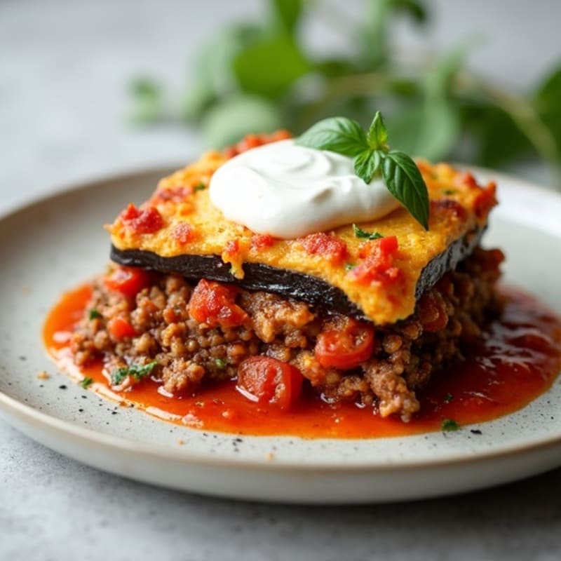 Lean Ground Lamb Moussaka with Roasted Eggplant and Creamy Greek Yogurt Topping