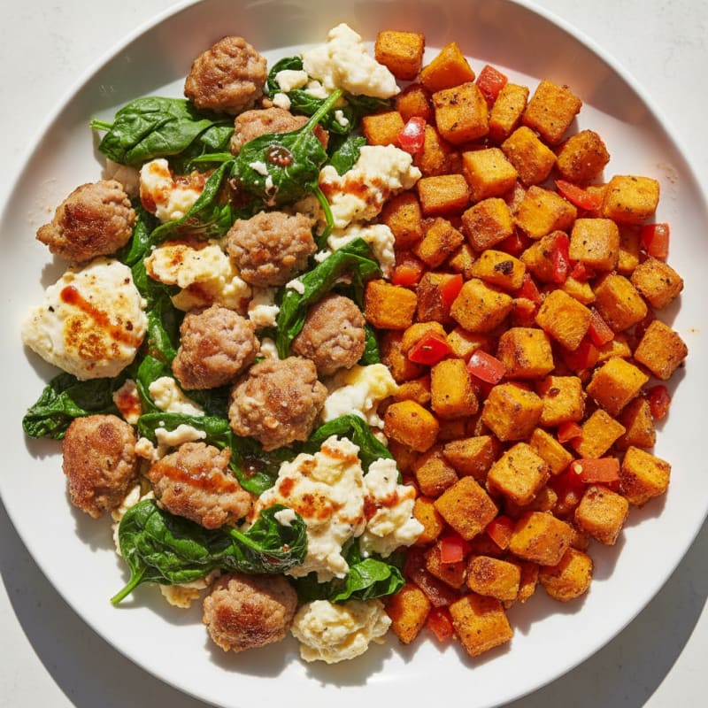 Crispy Turkey Sausage and Spinach Scramble with Sweet Potato Hash