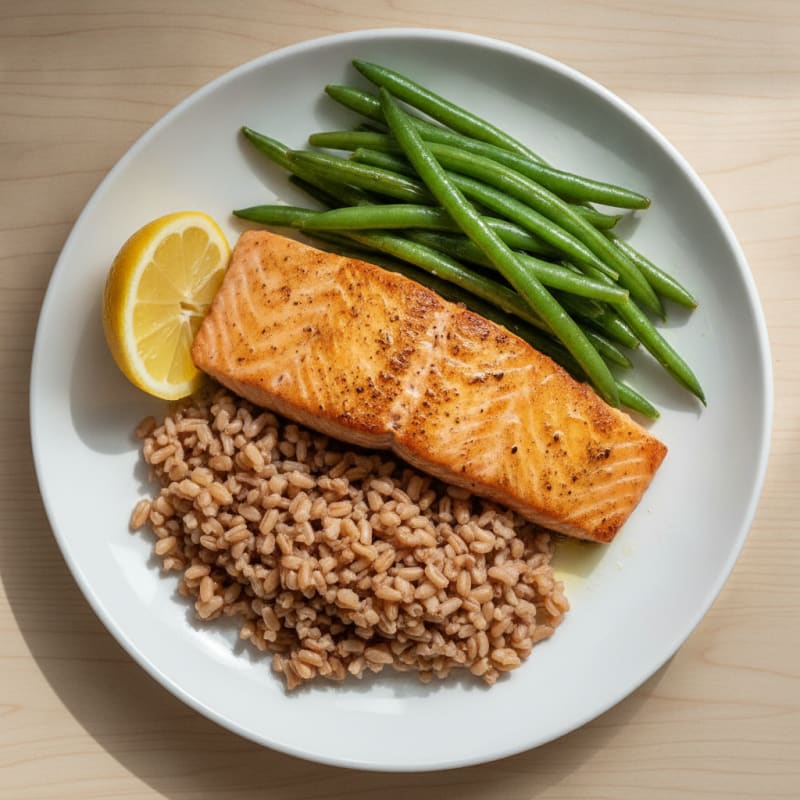 Seared Salmon with Steamed Green Beans and Brown Rice