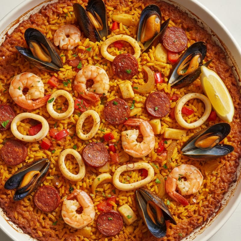 Saffron Seafood Paella with Chorizo
