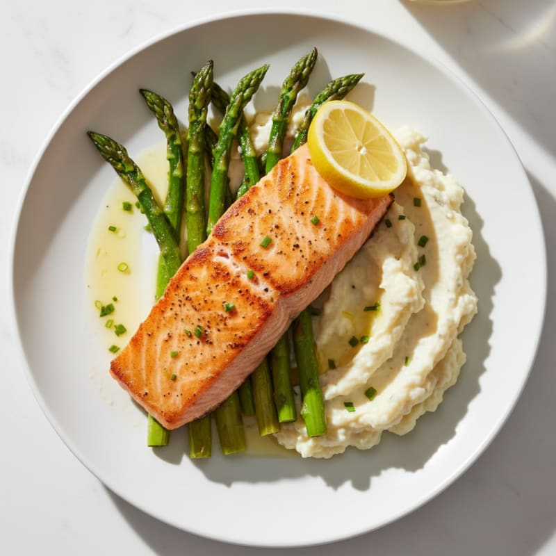 Seared Salmon Fillet with Roasted Asparagus and Garlic Cauliflower Mash