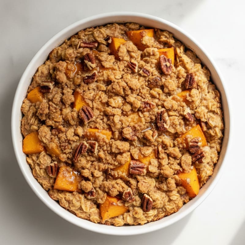 Baked Peach Oatmeal with Pecan Streusel