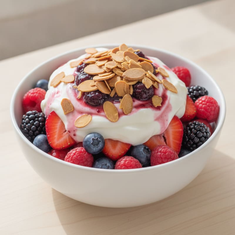 Greek Yogurt Protein Parfait with Mixed Berries and Almonds