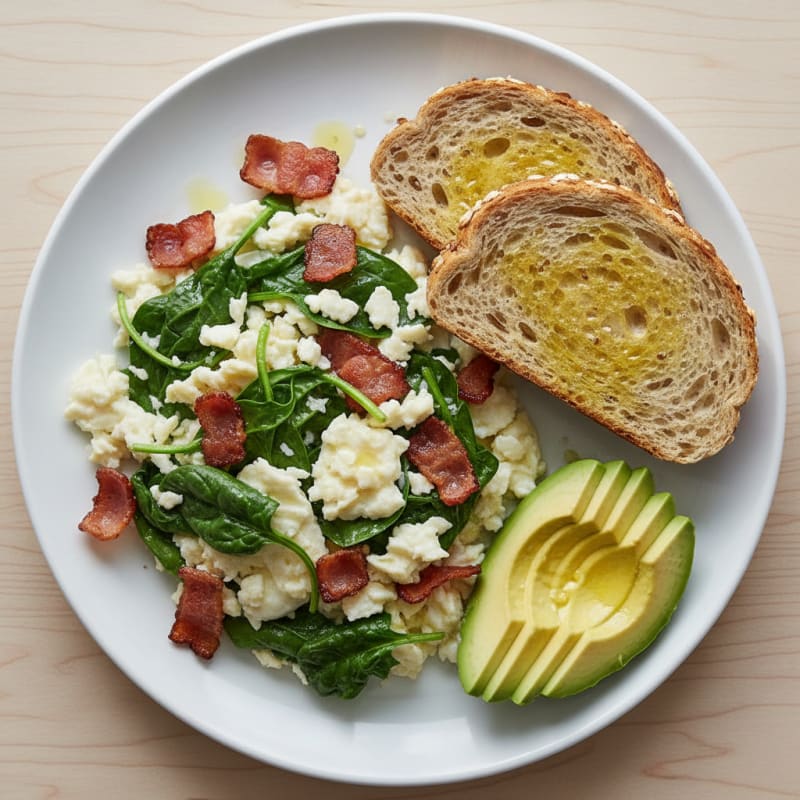 Crispy Turkey Bacon Egg White Scramble with Baby Spinach