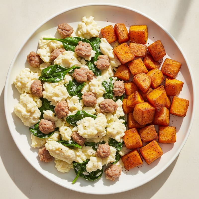 Egg White and Turkey Sausage Scramble with Roasted Sweet Potatoes