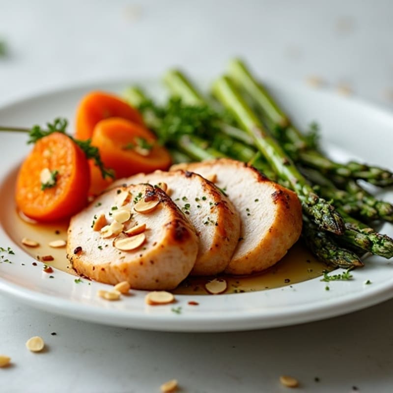 Seared Turkey Breast with Roasted Sweet Potatoes and Asparagus