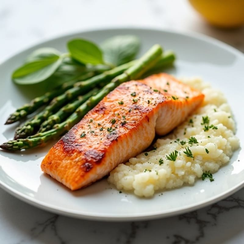 Seared Salmon with Steamed Asparagus and Cauliflower Mash