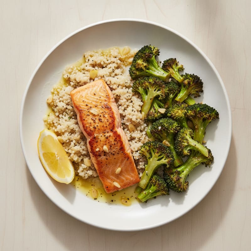 Seared Salmon Fillet with Roasted Broccoli and Quinoa