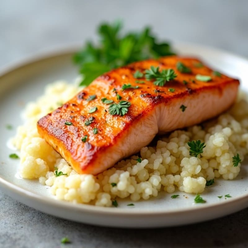 Crispy Garlic Butter Pan-Seared Salmon with Cauliflower Rice