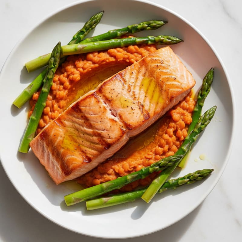 Seared Salmon Fillet with Steamed Asparagus and Lentil Mash