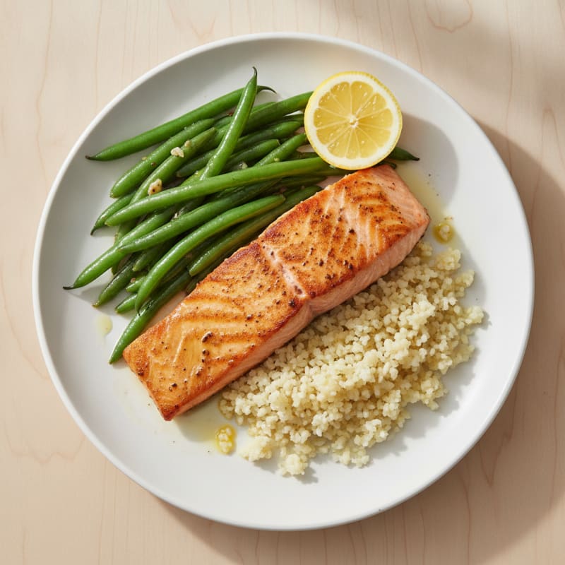 Seared Salmon with Garlic Green Beans and Cauliflower Rice